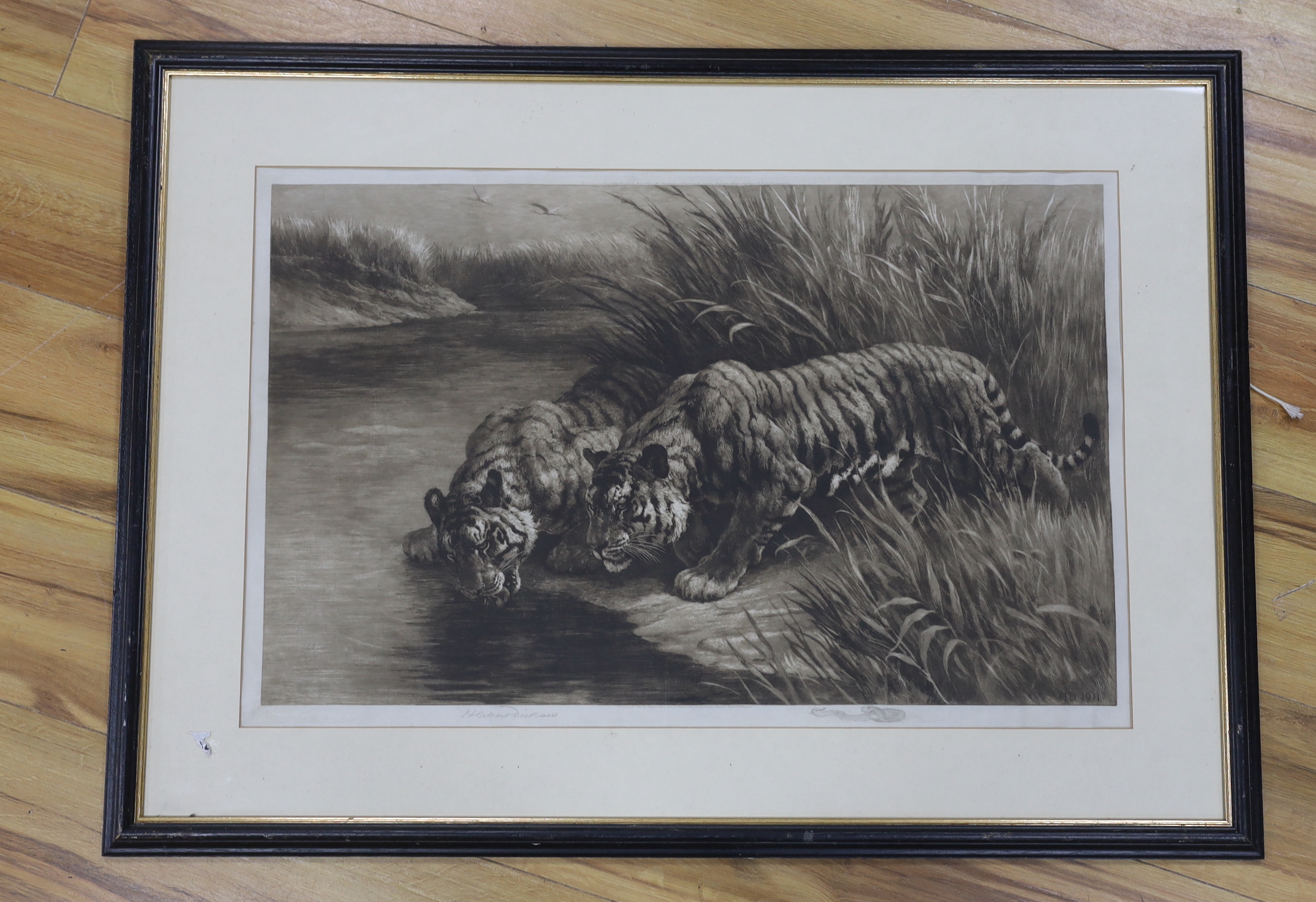 Herbert Thomas Dicksee (1862-1942), etching, ‘Thirst’, two tigers drinking from a river, signed in pencil, 42 x 68cm